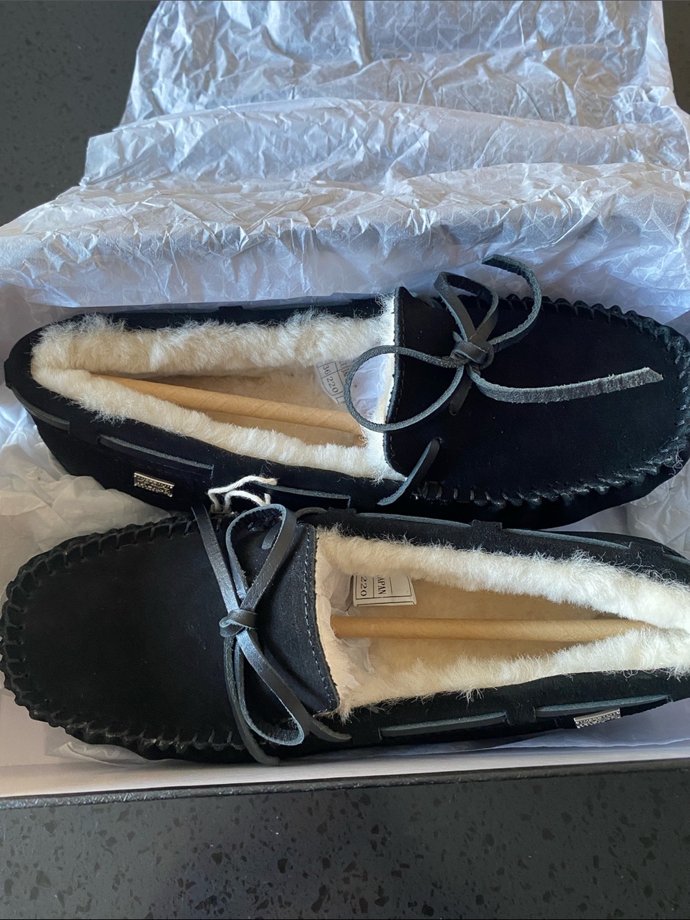 Australia Luxe Collective Black Suede Moccasins with Cream Shearling